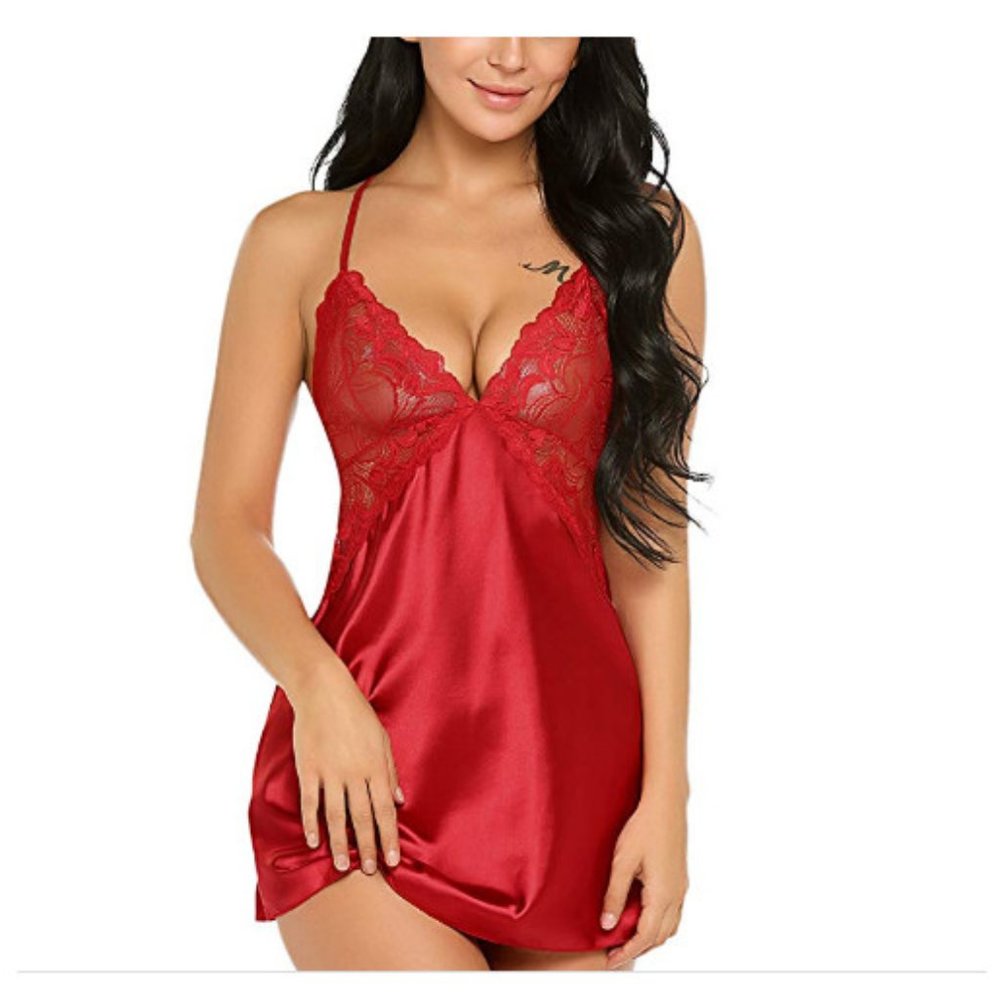 V Neck Satin  Lace Chemise Nightwear Mini Teddy